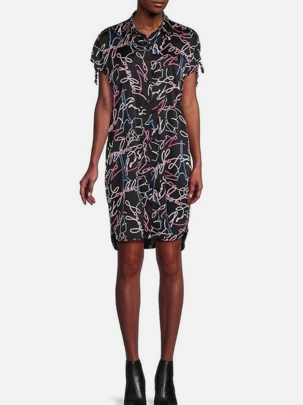 Karl Lagerfield Black Neon Print Shirt Dress Mini Beach Casual Chic Streetwear